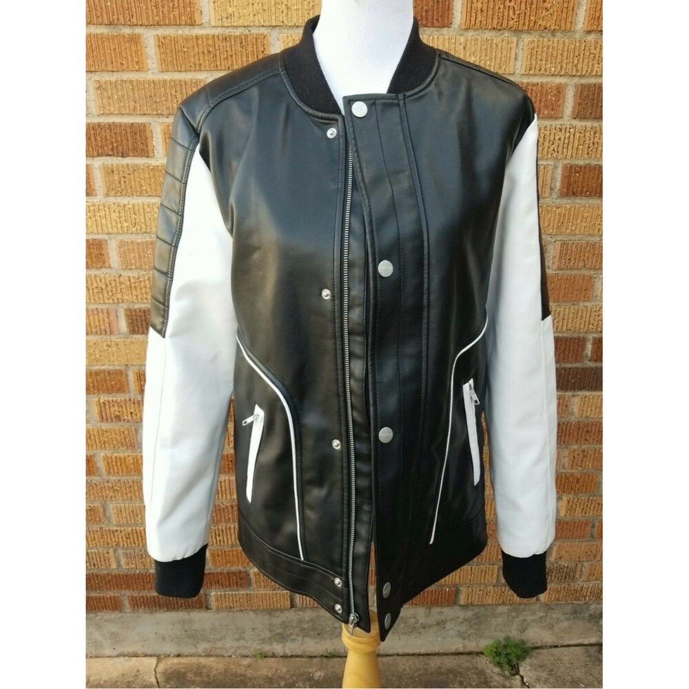 Black and White Faux Leather Bomber Jacket - Women's Stylish Baseball Coat